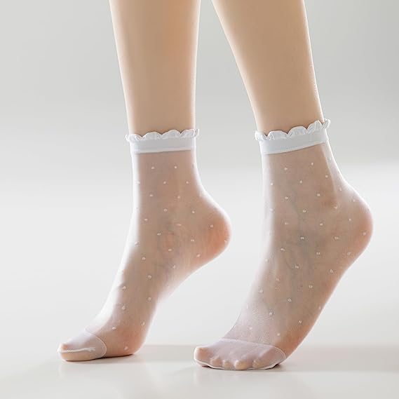 12 Pairs Women's Sheer Ruffled Socks Frilly Ankle High Nude Nylon Stocking Ultra Thin Cool Silk Socks for Women