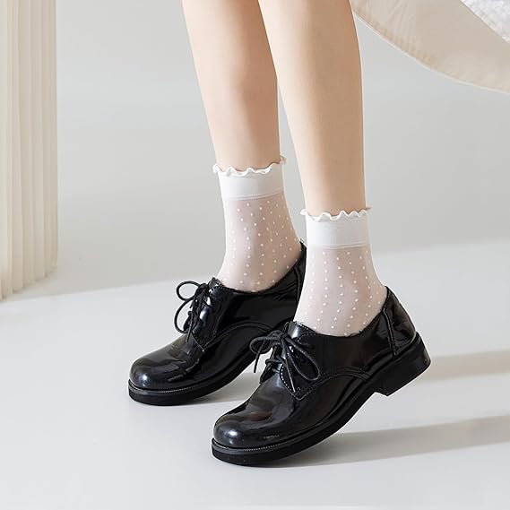 12 Pairs Women's Sheer Ruffle Socks Nude Stocking Summer Ultra Thin Cool See Through Silk Ankle Socks for Women