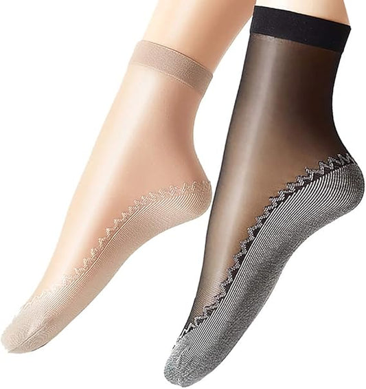 Women's 2 Pairs Silky Anti-Slip Cotton Sole Sheer Ankle High Tights Hosiery Socks Reinforced Toe