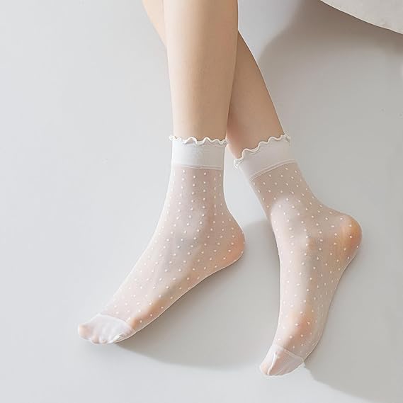 12 Pairs Women's Sheer Ruffle Socks Nude Stocking Summer Ultra Thin Cool See Through Silk Ankle Socks for Women