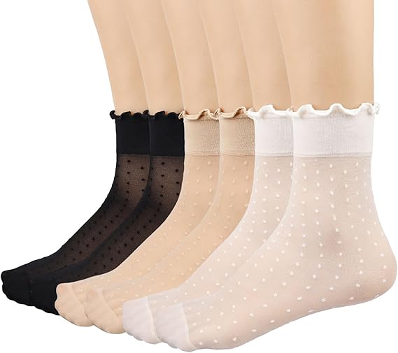 12 Pairs Women's Sheer Ruffle Socks Nude Stocking Summer Ultra Thin Cool See Through Silk Ankle Socks for Women