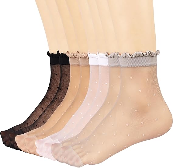 12 Pairs Women's Sheer Ruffled Socks Frilly Ankle High Nude Nylon Stocking Ultra Thin Cool Silk Socks for Women